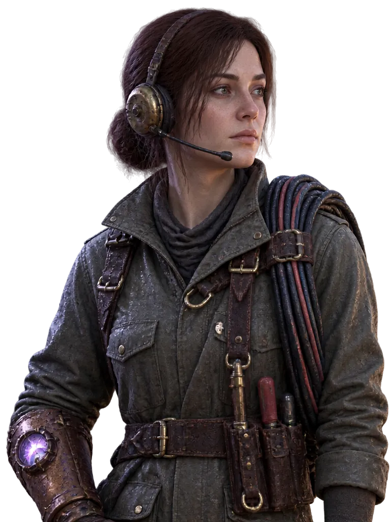 Ines Calloway, operator menara dengan headset kuningan dan gulungan kabel di bahu, menoleh ke kanan.
